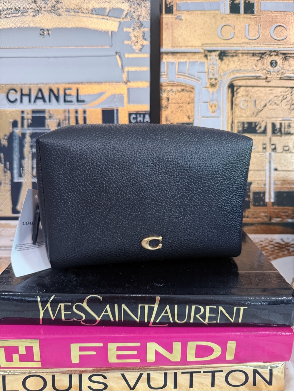 Coach Black Pebbled Leather Cosmetic Pouch with Gold 'C' Hardware